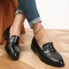 Women Black Minimalist Flat Penny Loafers, Elegant Point Toe Flats
