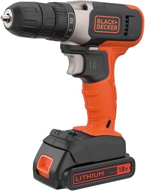 BLACK+DECKER 18V 1.5Ah Li-Ion Cordless Drill Driver for Wood Drilling & Screwdriving/Fastening, Orange/Black - BCD001C1-GB