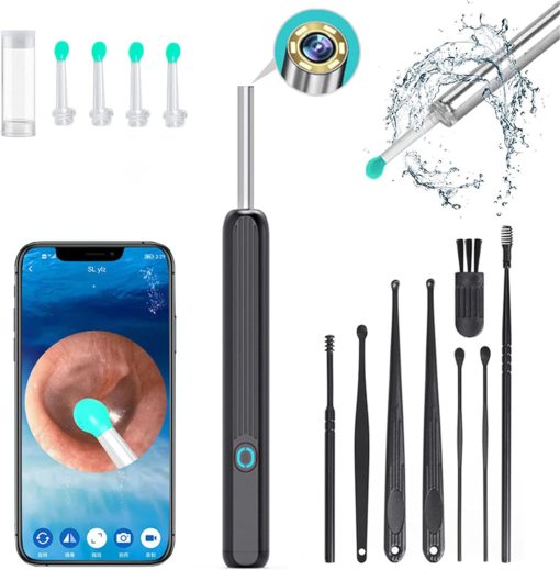 X spring Xspring Ear Wax Removal with Light, Wax Earwax Remover Tool with 8 Pcs Ear Pick Set, Soft Silicone Ear Scoop for Ear Cleaning, Ear Cleaner Tool for iOS, Android Smartphones (Black)