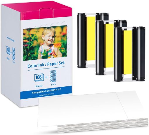 KP-108IN CP1300 Ink and Paper Compatible for Canon Selphy CP1300 CP1500 CP1200 CP1000 CP910 CP900 CP810 CP760 CP770 CP780, KP108 3 Color Ink Cartridges and 108 Sheets Glossy 4x6 Photo Paper