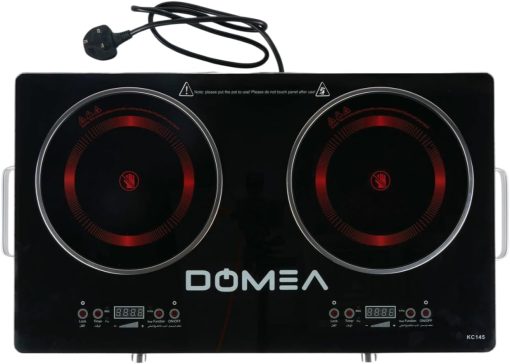 DOMEA Infrared Cooktop, 2 Burner With 4 Preset Functions | A-Grade Micro Crystal Panel With Easy Touch Digital Display, For Fast & Precise Cooking, All Cookwares | Child Safety Lock, 1800W+1800W Power