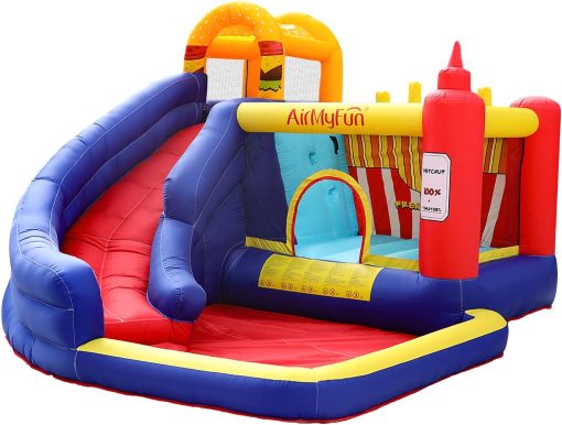 AirMyFun Food Bouncy Castle, Bounce House with Hamburger Ketchup Shape, Jump & Slide Area with Safety Net, Giant Castle with Ball Pit & Air Blower