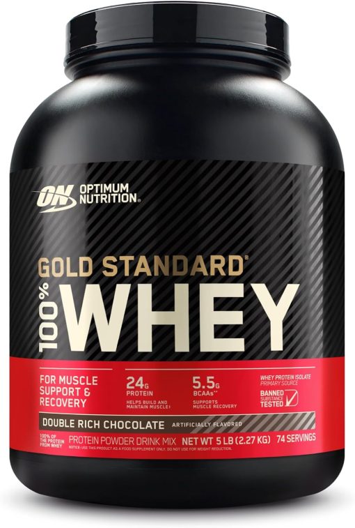 Optimum Nutrition (ON) Gold Standard 100% Whey Protein Powder Primary Source Isolate, 24 Grams of Protein for Muscle Support and Recovery - Double Rich Chocolate, 5 Lbs, 74 Servings (2.27 KG)