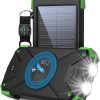 LEO WAY Solar Power Bank, Qi Wireless Portable Charger 10,000mAh, External Battery Pack with Type C Input/Output, Solar Panel with Dual LED Flashlight Compass Carabiner for Camping Adventure(Green)