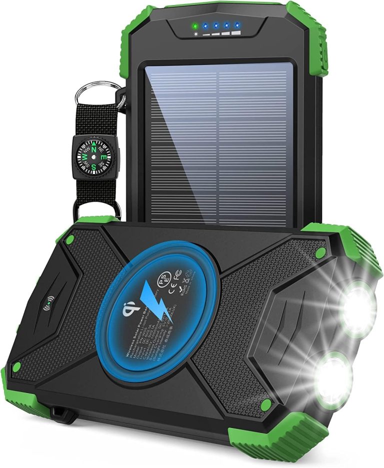 LEO WAY Solar Power Bank, Qi Wireless Portable Charger 10,000mAh, External Battery Pack with Type C Input/Output, Solar Panel with Dual LED Flashlight Compass Carabiner for Camping Adventure(Green)