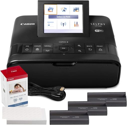 Photo Savings Canon SELPHY CP1300 Compact Photo Printer (Black) with WiFi and Accessory Bundle w/Canon Color Ink and Paper Set