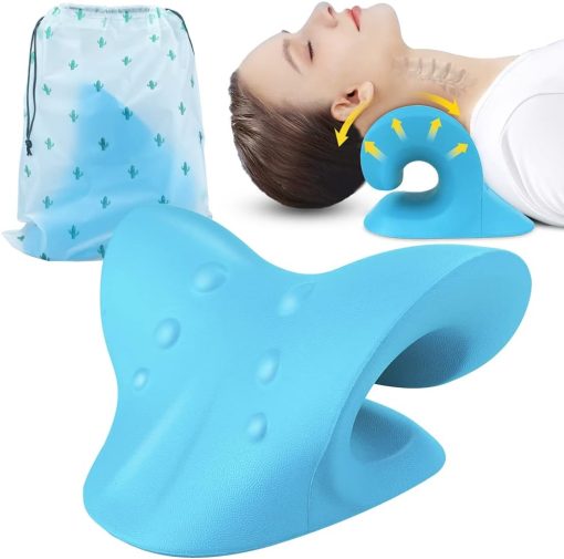 Oxsaytee Neck Stretcher for Neck Pain Relief, Neck and Shoulder Relaxer, Orthopedic Pillow, Cervical Traction Pillow for Relieve TMJ Headache Muscle Tension Spine Alignment with Travel Bag (Blue)