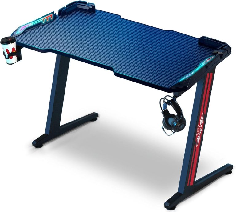 SKY-TOUCH Gaming Desk,Ergonomic Computer and Gaming Table Z Shaped for Pc, Workstation, Home, Office with LED Lights Carbon Fiber Surface,Cup Holder and Headphone Hook,Blue120×60×75cm