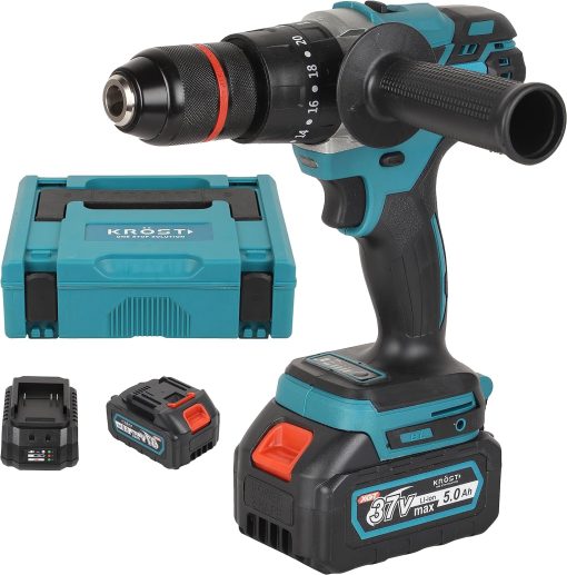 KROST Pro Series 37V Cordless Brushless Hammer Drill Machine,13mm Metal Chuck With 2x5.0Ah Li-ion Batteries And 1pc Fast Charger (Impact Drill)