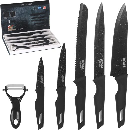 AC&L Kitchen Knife Set [6 Pcs Set] Stainless Steel Kitchen Knives with Peeler, Non-stick Ripple Pattern Sharp Blades with Safe and Sturdy Handles for Slicing, Chopping, Cutting (Black)