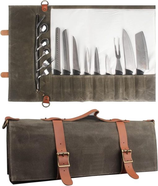 UISKOOPW Chef Knife Roll Bag (10 Pockets), Chef Knife Case, Waxed Canvas Knife Carrying Case Storage with Shoulder Strap & Handle, Zipper Pouch for Culinary Tools (Knives Not Included)