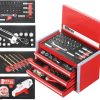 P.I.T. Portable 3 Drawer Steel Tool Box with 61-Pieces Mechanics Tool Set,Magnetic Locking, Red Hand Carry Tool Cases for Hand Tools Repair Tool Kit
