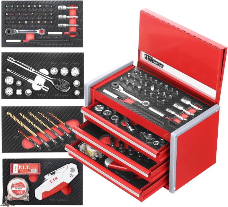 P.I.T. Portable 3 Drawer Steel Tool Box with 61-Pieces Mechanics Tool Set,Magnetic Locking, Red Hand Carry Tool Cases for Hand Tools Repair Tool Kit