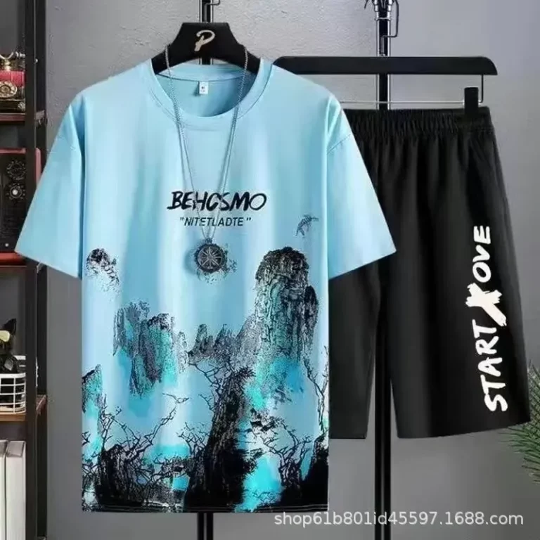 Summer T shirt for men Casual set Silk Gradient Short Men Sleeve T-shirt Shorts Set Men's Sport set Outfit Y2K Male Clothing