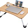 Sky-Touch Portable Folding bed Table, Laptop Desk With ipad and Cup Holder Adjustable Lap Tray Notebook Stand,Foldable Non-slip Legs Reading Table Tray for working,studing,camping 60×40×28cm Beige
