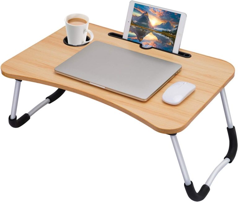 Sky-Touch Portable Folding bed Table, Laptop Desk With ipad and Cup Holder Adjustable Lap Tray Notebook Stand,Foldable Non-slip Legs Reading Table Tray for working,studing,camping 60×40×28cm Beige