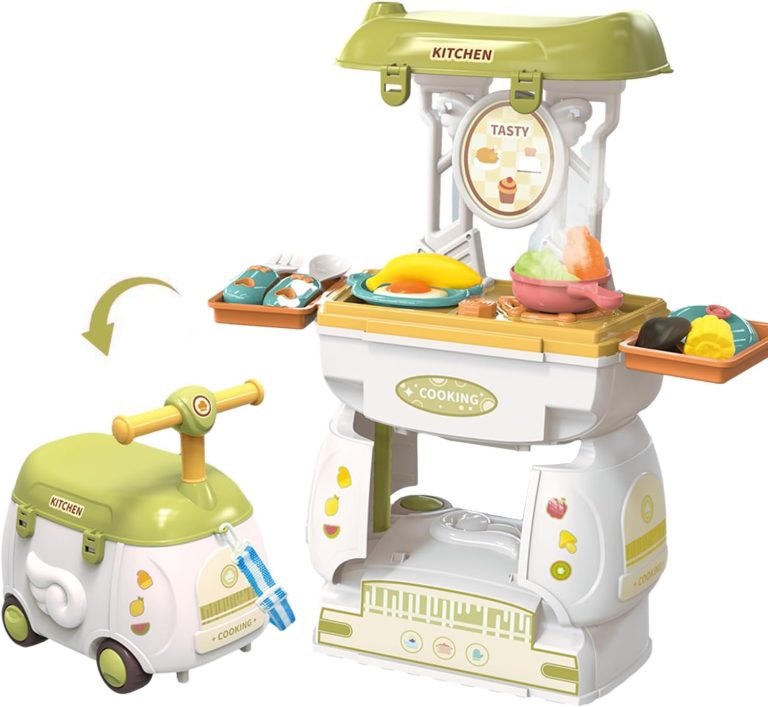 Pretend Play Kitchen Toy，2-in-1 Kids Storage Cart Transforms into a Play Kitchen, Kids Kitchen Playset with 26 Play Food Toys, Toy Kitchen Accessories with Real Sounds for Toddlers, Girls and Boys.