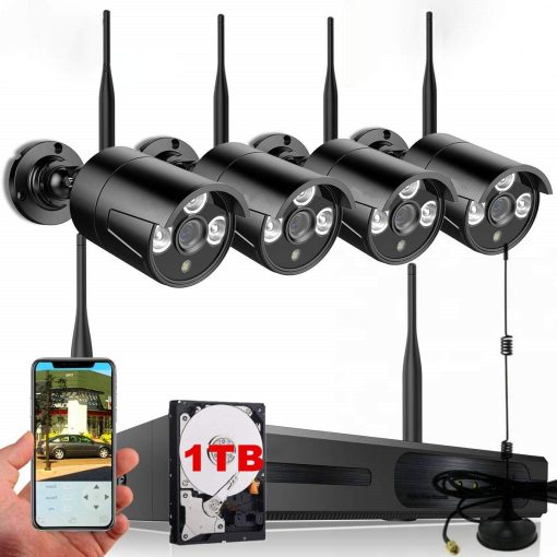 Tomvision Expandable 8CH Wireless CCTV Security House Camera System 8CH NVR Kits 1080P + 4 Pack1080P 2.0MP HD Antenna IP Network WiFi Camera Night Vision Remote Access Motion Detection (Black+1TB)