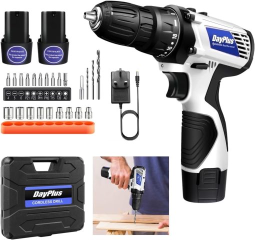 Cordless Drill Driver Set w/ 2x 1500mAh Batteries and 23 Pieces Bits, 16.8V 45Nm Household Drills Machine Electric Screwdriver Power Tool Kit, 18+1 Torque Settings, 1400RPM, LED light for Wood Plastic