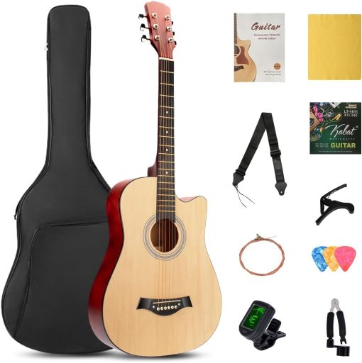 SHINEDOWN 38 inch Acoustic Guitar in Full Size Black Beginner All Wood Cutaway Starter Set with Free Bag/Tuner/Capo/A Pack of Strings/Strap/3 Single Strings/Cloth/Picks/String Cutter/Tutorial