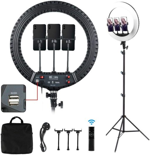 Cantonape 18 inch LED Ring Light with Adjustable Tripod Stand, 3 Light Modes, USB Powered, Wireless Remote, Black