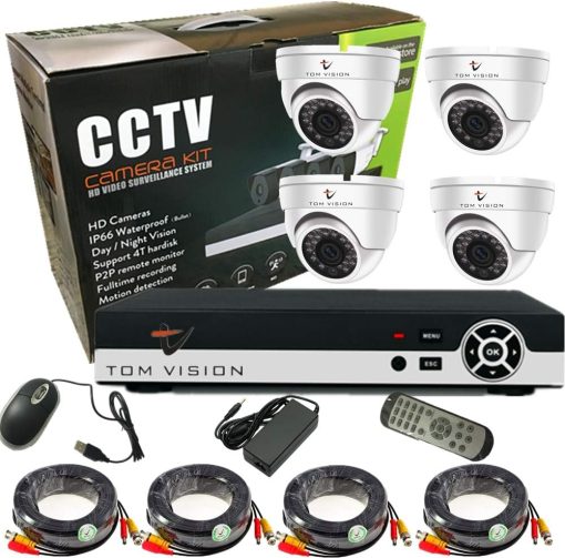 Tomvision 4Channel AHD CCTV Kit 960P/2.0MP Camera 4CH Kit with Hybrid 5in1 1080N DVR Security Recording System with 4pcs Plastic Indoor Dome Camera Alarm System&P2P Clouds Home Security