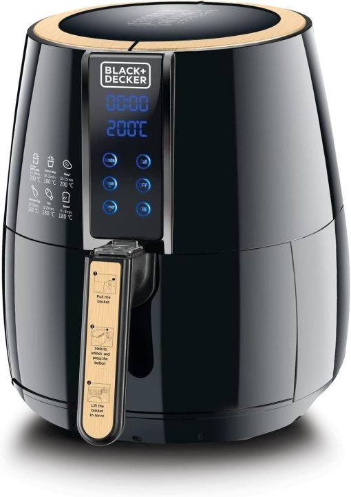 BLACK & DECKER Digital Air Fryer, 1500W, 4L Capacity with Rapid Air Convection Technology, Multi-Function for Frying, Baking, Grilling, Roasting, Safety Lock, Cool Touch Handle - Black/Gold, AF400-B5