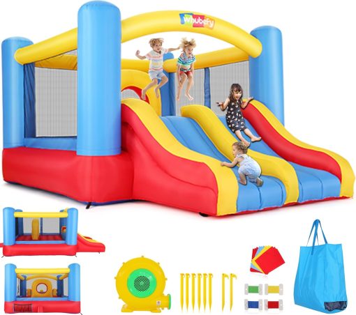 Whubefy Bounce House for Kids 3-10, Indoor/Outdoor Double Slide Obstacle Bounce House with Blower, Inflatable Jumping Castle with Center Hoop, Family Backyard Bouncy Castle, Party & Birthday & Gift