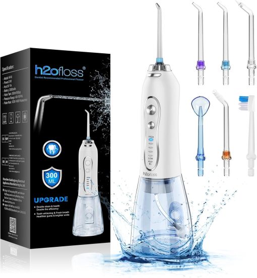 H2ofloss Water Flosser Professional Cordless Dental Oral Irrigator - Portable and Rechargeable IPX7 Waterproof Water Flossing for Teeth Cleaning,300ml Reservoir Home and Travel (HF-6)