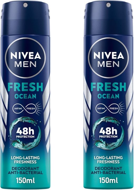 NIVEA MEN Deodorant Spray for Men, Fresh Ocean Aqua Scent, 2x150ml