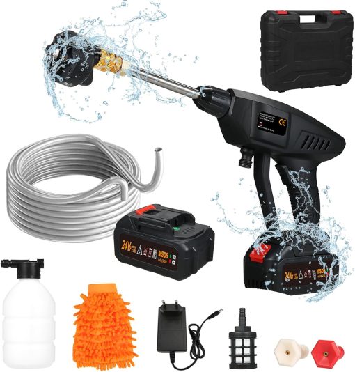 Eacam Cordless Pressure Washer, Portable Power Washer Battery Powered 300W with 6-In-1 Spray Nozzle Soap Dipenser Battery Operated with Toolbox for Car/Fence/Floor Cleaning & Watering