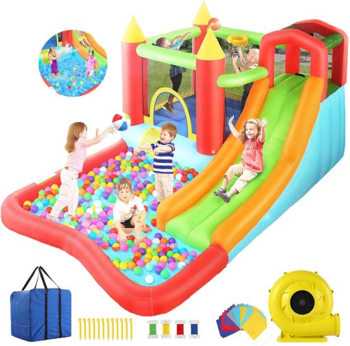 Inflatable Castle Bounce House with Slide |Bouncy House for Kids Indoor/Outdoor Inflatable Bouncer Castle,Includes GFCI Blower Stakes &Repair Kit Party Fun for Hours,Best gift for Kids Ages 3-10 Years