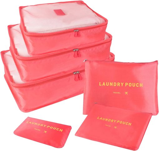 SKY-TOUCH 6Pcs Set Travel Luggage Organizer Packing Cubes Set Storage Bag Waterproof Laundry Bag Traveling Accessories - Watermelon Red, 6974042151713