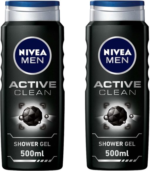 NIVEA MEN 3in1 Shower Gel Body Wash, Cleansing Active Clean Charcoal Woody Scent, 2x500ml