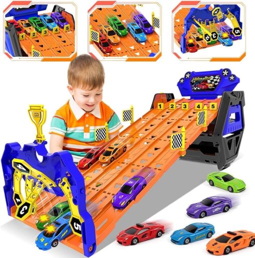 Cars Truck Toys for Boys Ages 3 4 5 6 7 8, Portable Race Track Truck Toy Car with 5 Race Cars & Upgraded 5 Tracks Transport, Best Gift Carrier Truck Vehicles Toys Set for Kids Boys Girls