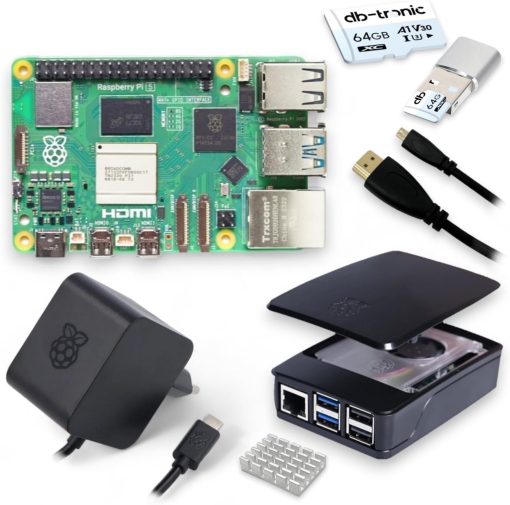 db-tronic Raspberry Pi 5 8 GB Starter Kit, Black, 27 W USB-C Power Supply, Case with Fan, 64 GB microSD, 4K Micro HDMI Cable 1 m/Raspberry Pi 5 8 GB RAM