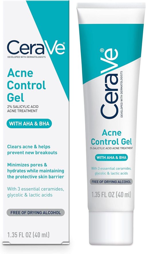 CeraVe Salicylic Acid Acne Treatment with Glycolic Acid and Lactic Acid | AHA/BHA Acne Gel for Face to Control and Clear Breakouts | Fragrance Free, Paraben Free, Oil Free & Non-Comedogenic|1.35 Ounce