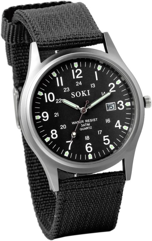 SYOSI Nylon Strap Wrist Watch Men's Military Sport Watch Analog Quartz Watch with Date Sub Window