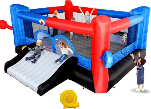 WELLFUNTIME Inflatable Bounce House with Slide, Jumping Castle with Blower, Dartboard, Dual Basketball Hoop, Dual Kicking Boards, Jumping Area for 6 Kids Bouncy House with Slide