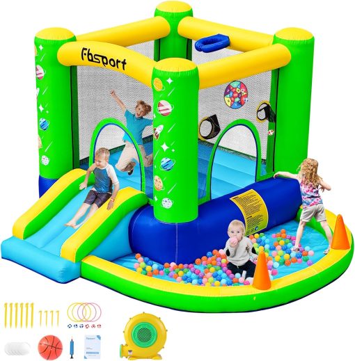 FBSPORT Inflatable Bounce House, Kids Bounce Castle Slide for Indoor Outdoor,Toddler Baby Jumper Bouncer, Kids Jumping Bouncy House with Blower, Ball Pit Pool, Basketball Hoop, Dart Game, Green