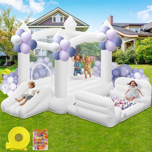 GYMMALL White Bounce House for Kids 3-10, Large Inflatable Bouncy House with Air Blower Slide Ball Pit Jumping 100 Balloons, Bouncy Castle for Party Birthday Wedding Event Indoor Outdoor (10x6x6FT)