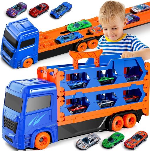 Race Track and Die-Cast Transport Truck Toys for Toddlers 2 3 4 5 6 Years Old Boys Kids - 64 Inch Toddler Car Toy Set Gifts for Boys and Girls Birthday Gifts