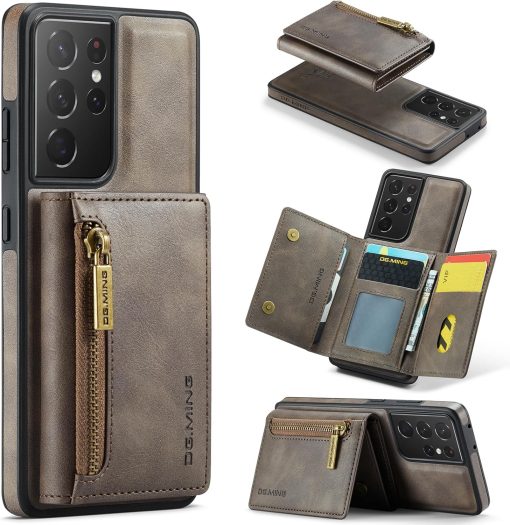 DM M5 2 in 1 Detachable Wallet Case, Retro Faux Leather Trifold Card Holder Zipper Pocket RFID Blocking Shockproof Phone Case (Coffe, Galaxy S21 Ultra)