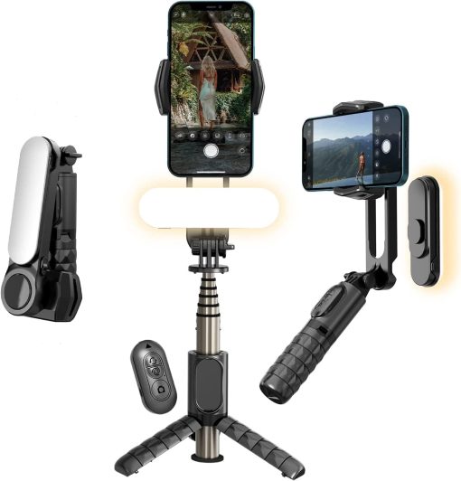 TERRIFI Gimbal Stabilizer For Smartphones, 360° Rotation Tripod with Wireless Remote Fill Light, Portable Phone Holder Auto Balance 1-Axis Gimbal for Filming Bluetooth Selfie Stick Mobile Phone Holder