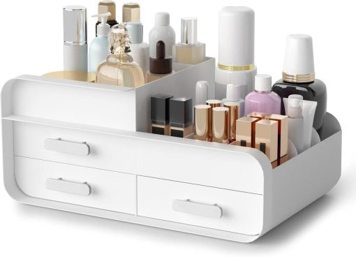 TERRIFI Makeup Organiser Cosmetic Storage Box, Make up Organizer Dressing Table Plastic Cosmetics Holder with Drawer, Vanity Cosmetic Stand Containers for Beauty Skincare Jewellery, White