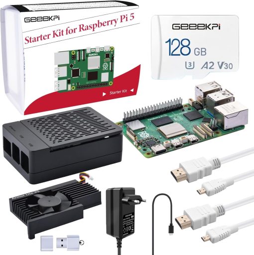 GeeekPi Starter Kit for Raspberry Pi 5 8GB, Includes Pi 5 8GB RAM Board, 128GB SD Card and Card Reader, Pi 5 ABS Case with Armor Lite V5 Active Cooler, 27W 5.1V 5A USB C Power Supply, 2pcs 4K HDMI