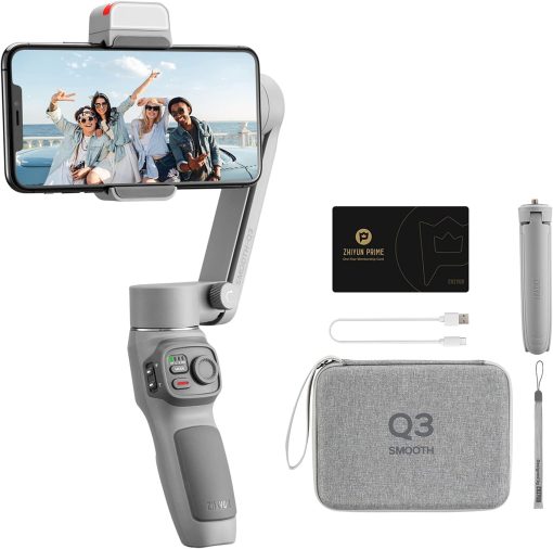 Zhiyun Smooth Q3 Combo, Handheld 3-Axis Smartphone Gimbal Stabilizer with Grip Tripod LED Fill Light Protective Case Foldable Phone for iPhone & Android