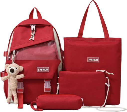 SSKE 4Pcs Backpacks Combo Set with Teddy Bear Pendant for Teenage Students - Canvas Laptop School Bag Sets for Kids with Tote Pencil Case, Book Bag, Back To School Supplies Daypack Kit (Red) - L