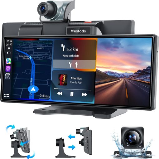 Westods Portable Wireless Carplay Car Stereo with 2.5K Dash Cam - 9.3" HD IPS Screen, Android Auto, 1080p Backup Camera, Loop Recording, Bluetooth, GPS Navigation Head Unit, Car Radio Receiver