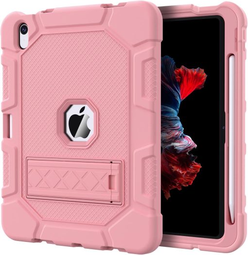 Azzsy Case for iPad 10th Generation 10.9 Inch 2022, [Built-in Pencil Holder] Heavy Duty Shockproof Rugged Protective Case for iPad 10.9 Inch 2022 Release, Rose Gold2